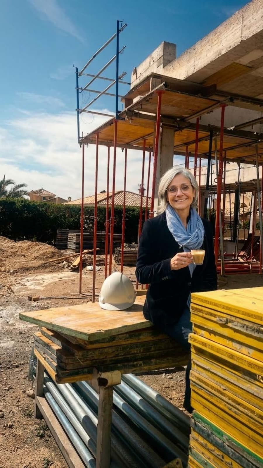 Raquel Fenoll on a building site with a coffee, hard hat on the table beside her